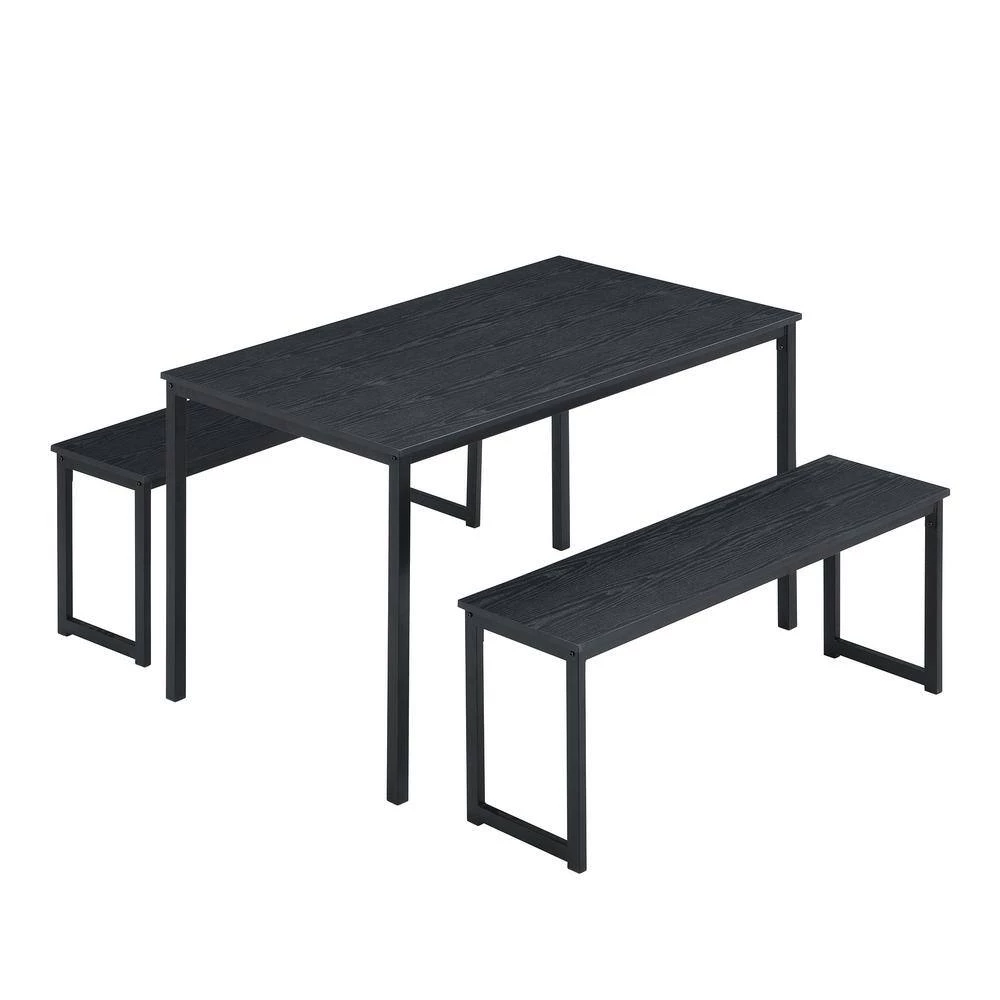 3-Piece Rectangle Wood Top Black Dining Set with 2-Benches by GODEER - Image 7
