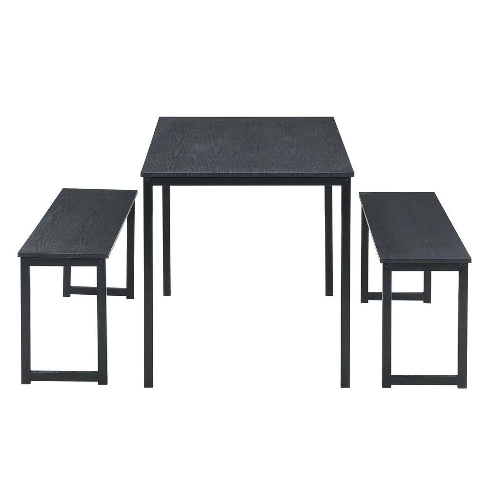 3-Piece Rectangle Wood Top Black Dining Set with 2-Benches by GODEER - Image 4