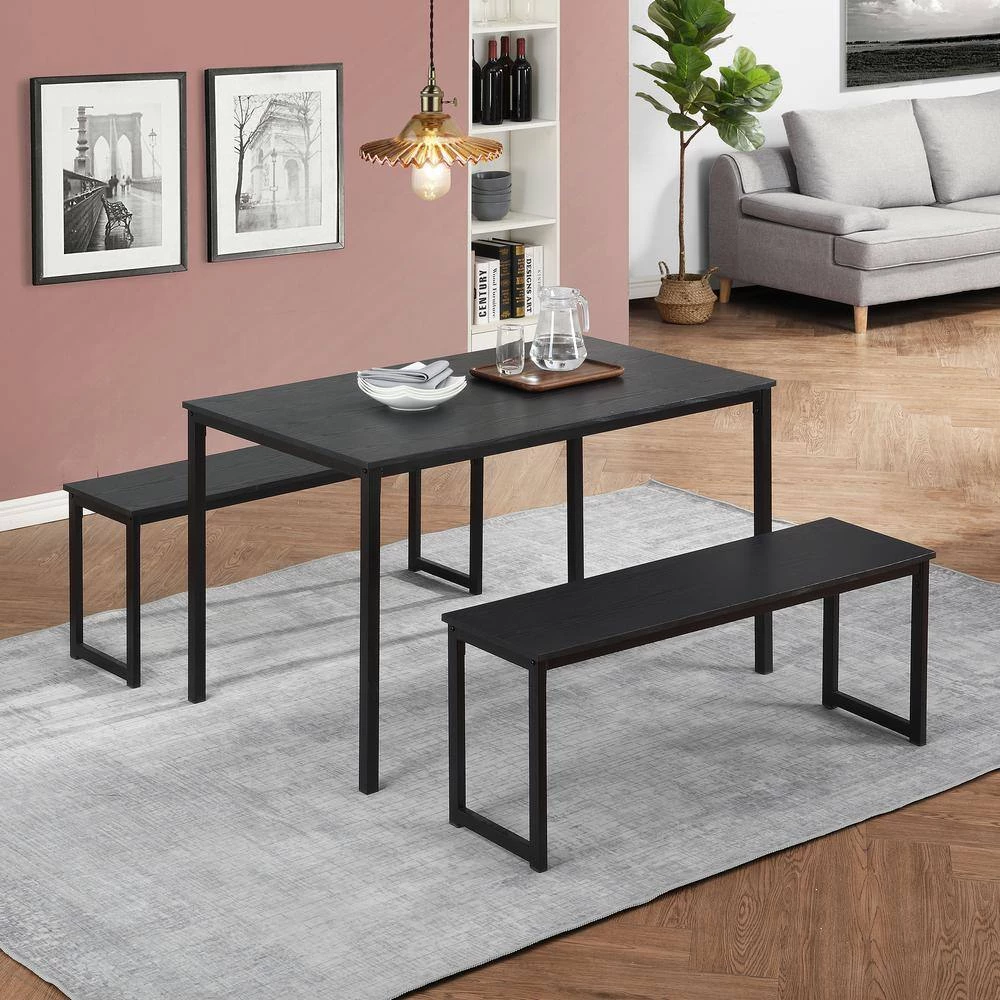 3-Piece Rectangle Wood Top Black Dining Set with 2-Benches by GODEER - Image 2