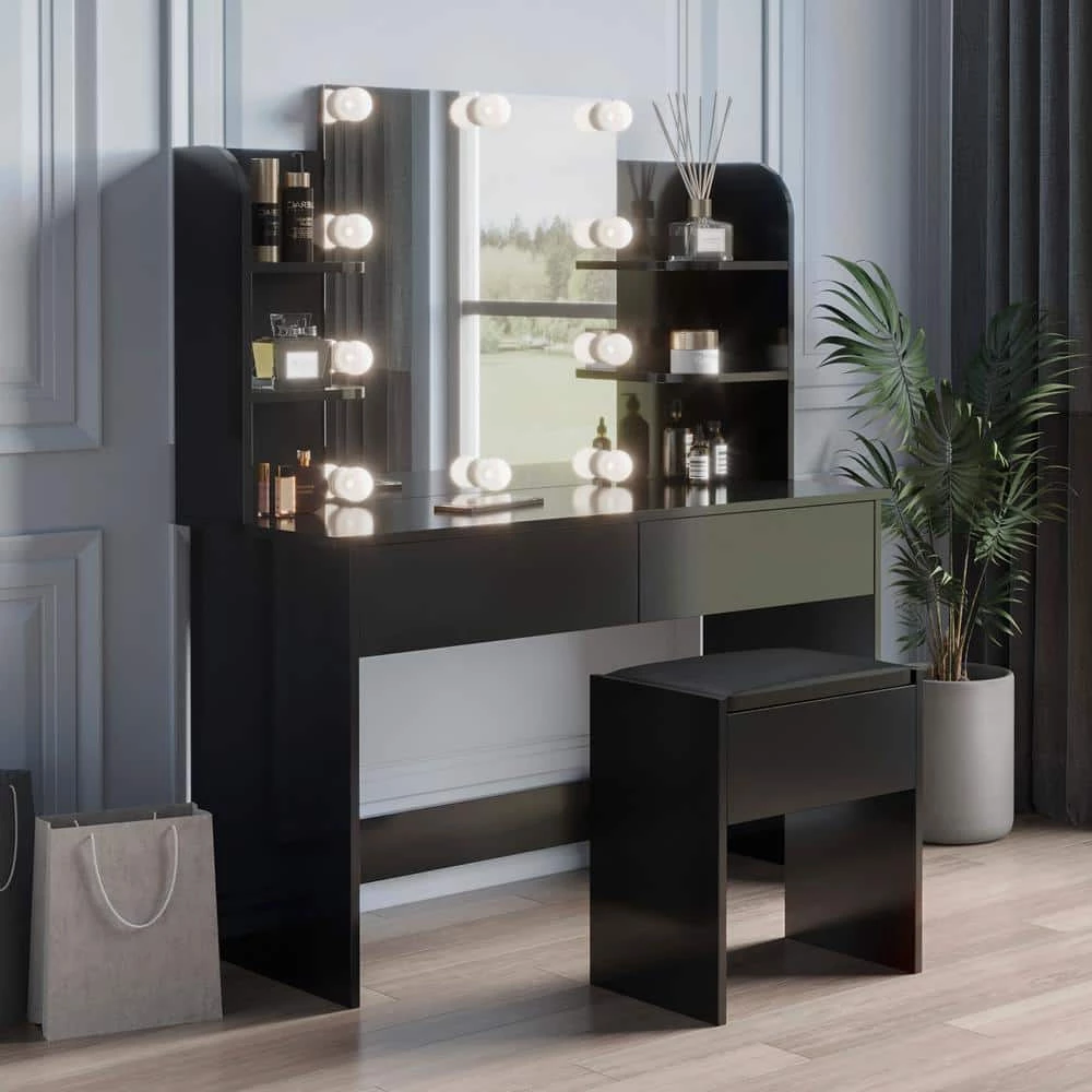 2-Drawer Black Dresser with Mirror and 4 Open Shelves by GODEER - Image 2