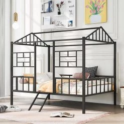 Black Metal House Bed Frame Full Size with Slatted Support No Box Spring Needed by GODEER