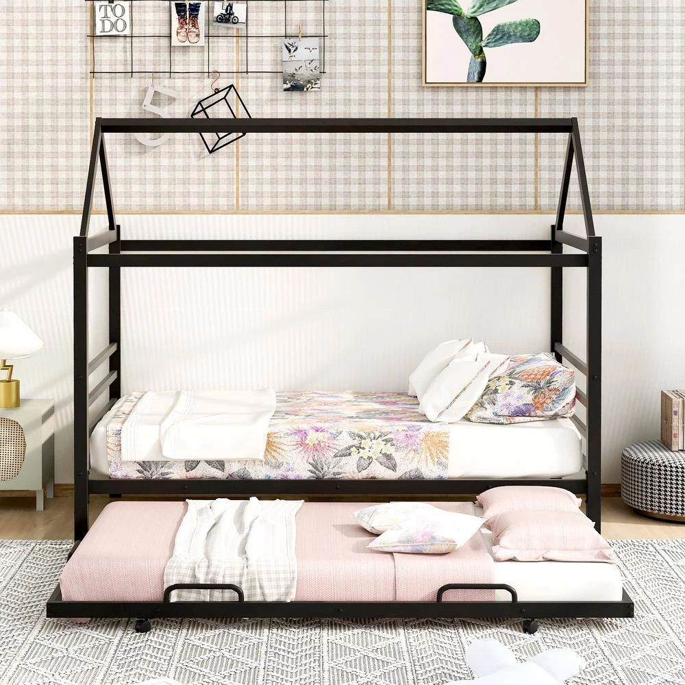 Black Twin Size Metal House Shape Platform Bed with Trundle by GODEER - Image 8