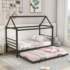 Black Twin Size Metal House Shape Platform Bed with Trundle by GODEER
