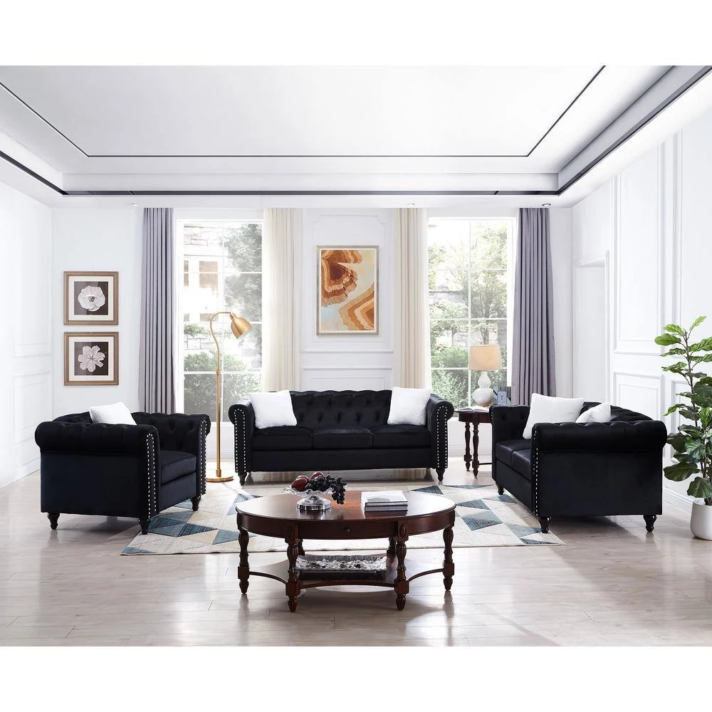3-Piece Velvet Top Black Living Room Sofa Set with 5 White Villose Pillow by GODEER - Image 14