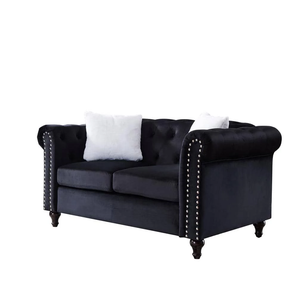 3-Piece Velvet Top Black Living Room Sofa Set with 5 White Villose Pillow by GODEER - Image 3