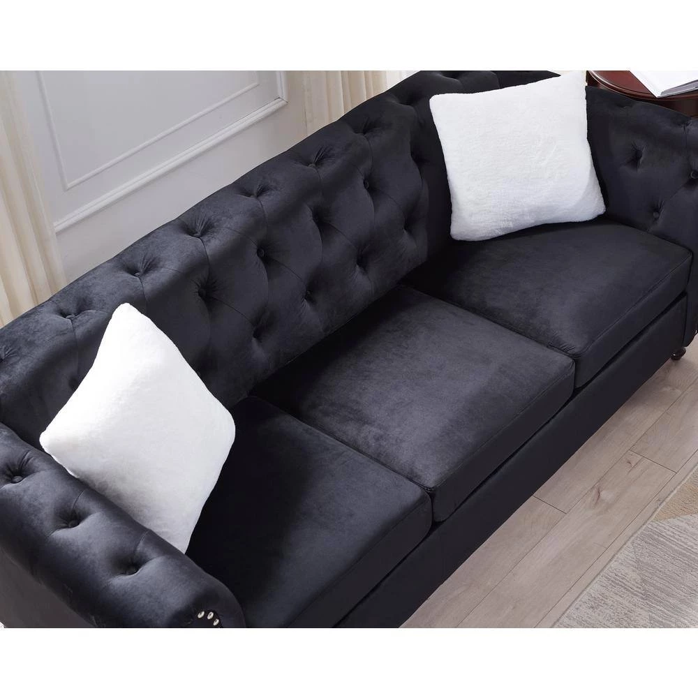 3-Piece Velvet Top Black Living Room Sofa Set with 5 White Villose Pillow by GODEER - Image 8