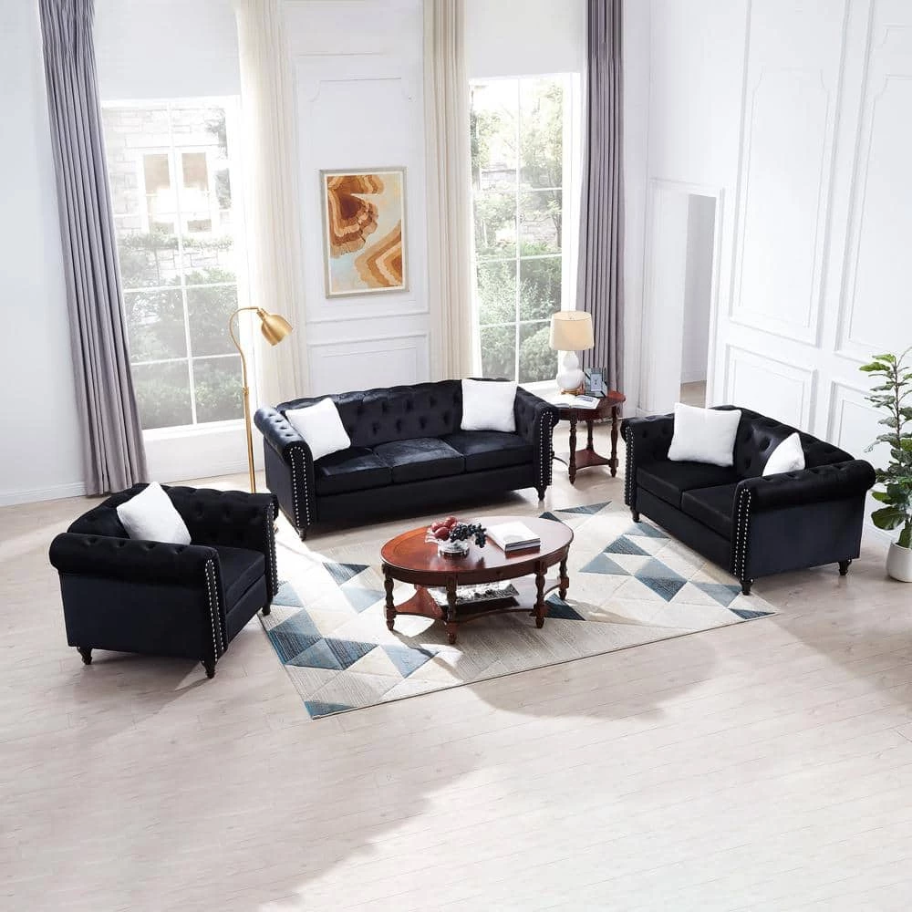 3-Piece Velvet Top Black Living Room Sofa Set with 5 White Villose Pillow by GODEER - Image 2