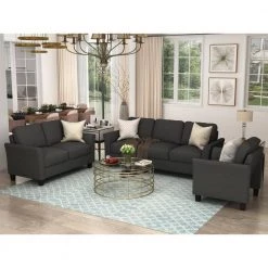 3-Piece Polyester Top Black Sofa Set, Living Room Set by GODEER