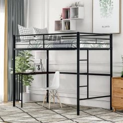 Black Twin Metal Loft Bed with Desk, Ladder and Guardrails by GODEER