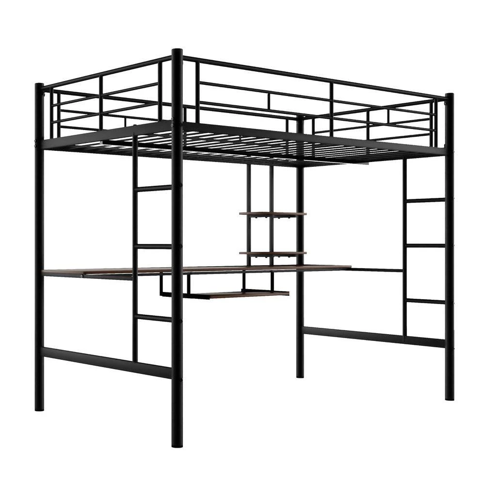 Black Full Loft Bed with Desk and Shelf, Space Saving Design by GODEER - Image 2