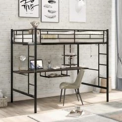 Black Full Loft Bed with Desk and Shelf, Space Saving Design by GODEER