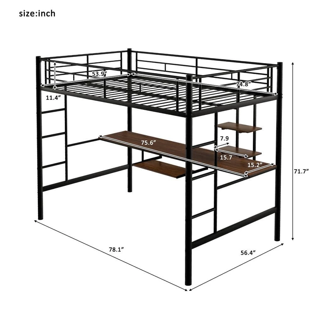 Black Full Loft Bed with Desk and Shelf, Space Saving Design by GODEER - Image 4