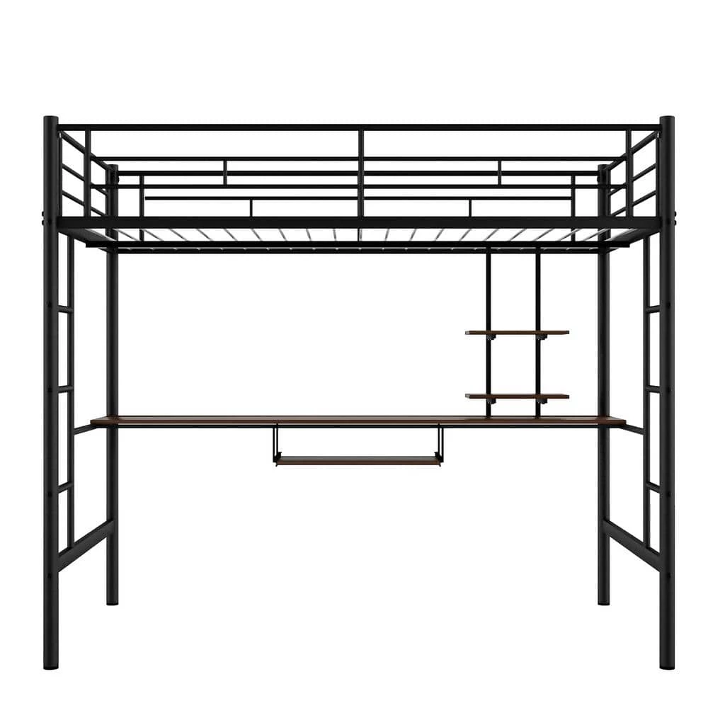 Black Full Loft Bed with Desk and Shelf, Space Saving Design by GODEER - Image 5