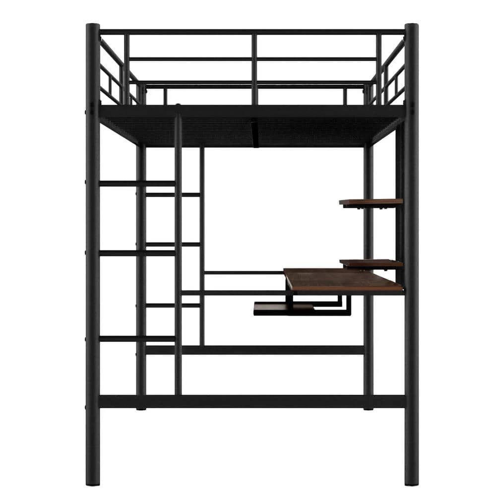 Black Full Loft Bed with Desk and Shelf, Space Saving Design by GODEER - Image 3