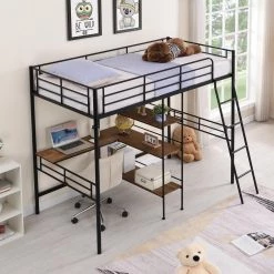Black Twin Size Metal Loft Bed and Built-in Desk and Shelves by GODEER