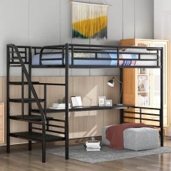 Black Twin Metal Loft Bed Frame with Desk No Box Spring Needed by GODEER