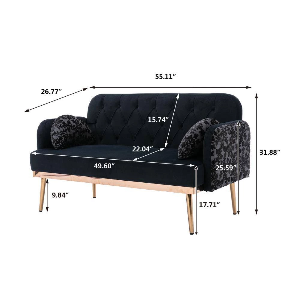 55 in. W Black Velvet 2-Seater Loveseat with Metal Feet by GODEER - Image 5