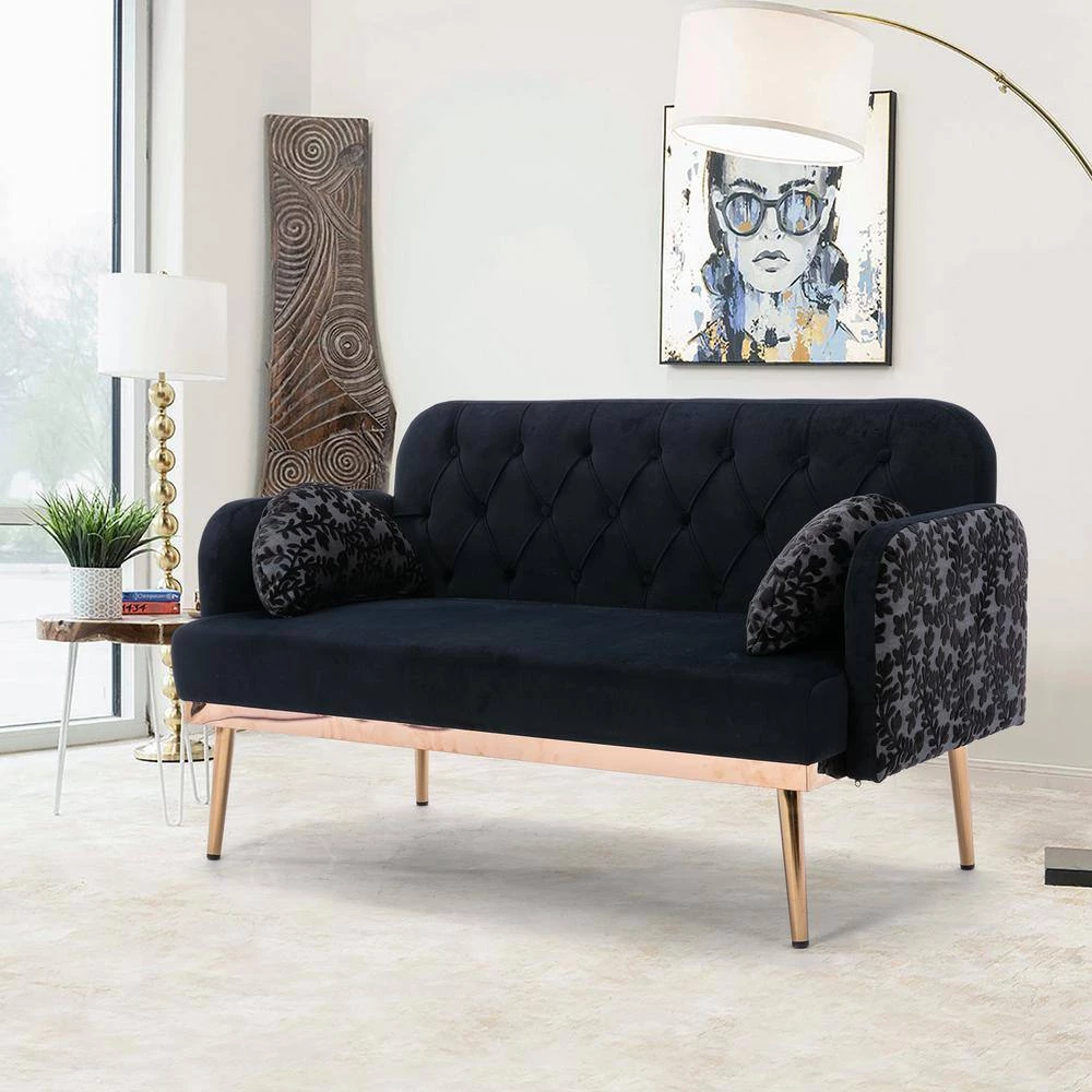 55 in. W Black Velvet 2-Seater Loveseat with Metal Feet by GODEER - Image 2