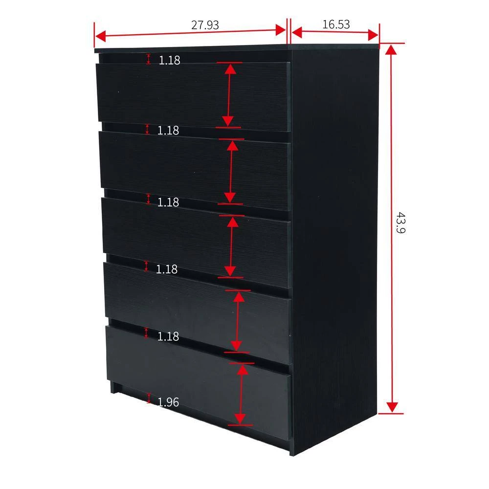 5-Drawer Black Nightstand 43.90 x 30.31 x 16.54 by GODEER - Image 4