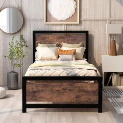 78 in. W Black Twin Size Platform Bed Metal and Wood Bed Frame with Headboard and Footboard by GODEER