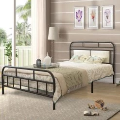 78 in. W Black Metal Frame Full Platform Bed with Upholstered Headboard and Footboard by GODEER