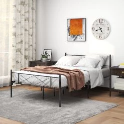 77.95 in. W Black Metal Frame Full Platform Bedwith Vintage Headboard and Footboard by GODEER
