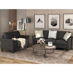 76 in. W 2-piece Linen Living Room Furniture Loveseat Sofa and 3-seat Sofa in Black by GODEER