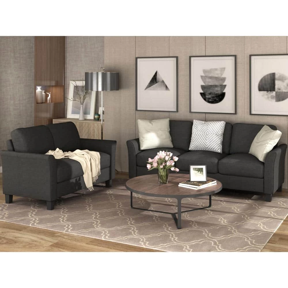 76 in. W 2-piece Linen Living Room Furniture Loveseat Sofa and 3-seat Sofa in Black by GODEER