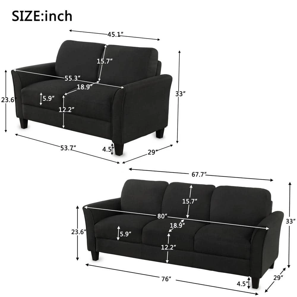 76 in. W 2-piece Linen Living Room Furniture Loveseat Sofa and 3-seat Sofa in Black by GODEER - Image 3