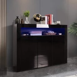 Black Sideboard Storage Cabinet with LED Light, Modern Kitchen Unit Cupboard Buffet Wooden Storage by GODEER