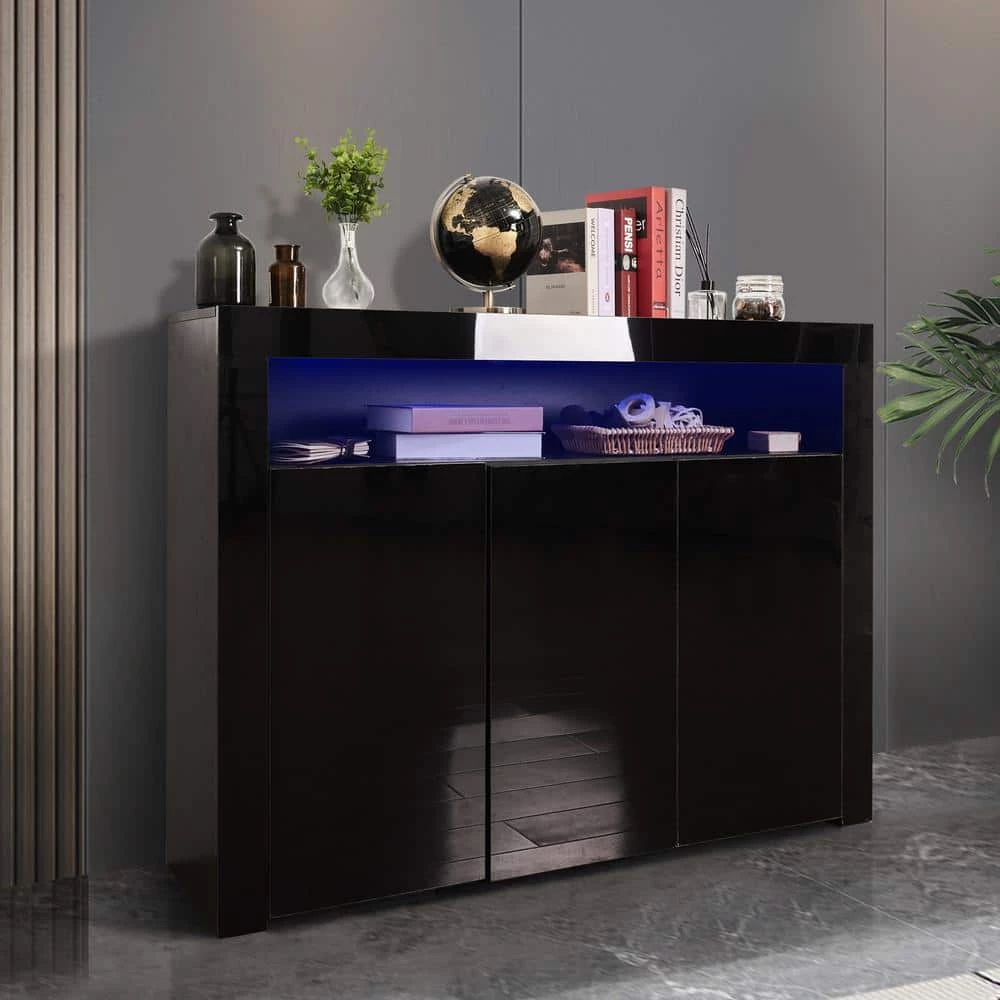 Black Sideboard Storage Cabinet with LED Light, Modern Kitchen Unit Cupboard Buffet Wooden Storage by GODEER