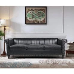 82.5 in. W Square Arm Faux Leather Straight Removable Cushion 3 Seater Sofa in Black by GODEER