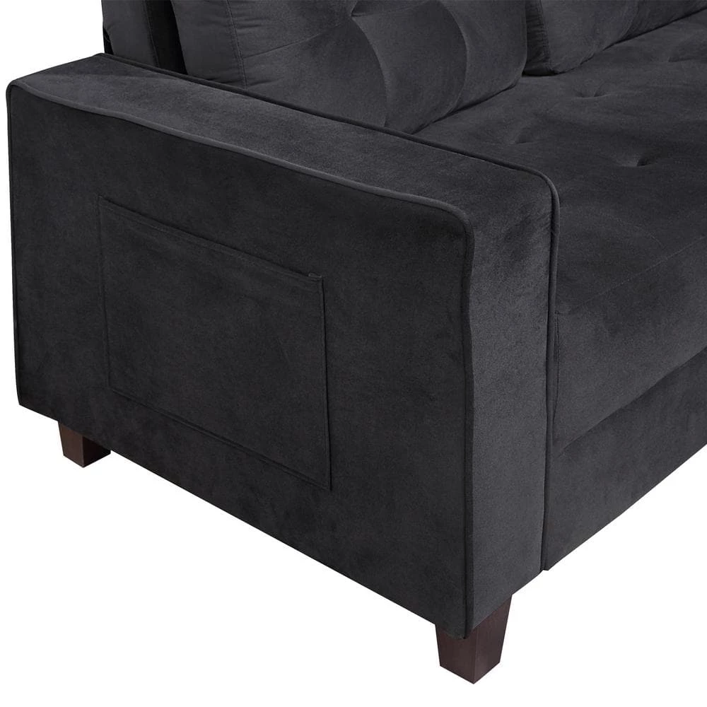 76 in. W Square Arm Velvet Straight Comfortable 3-Seat Sofa Modern Couch for Home Living Room in Black by GODEER - Image 6
