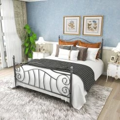 83.07 in. W Black Silver Queen Metal Bed Frame Sturdy Steel Slat Support with Under Bed Storage by GODEER