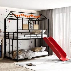 Black with Red Slide Twin Metal Bunk Bed, Metal Housebed with Slide by GODEER