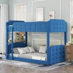 Blue Twin Upholstered Bunk Bed, Button-Tufted Headboard and Footboard Design by GODEER