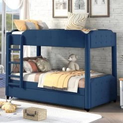Blue Twin Upholstered Bunk Bed with Trundle, Headboard and Footboard Design by GODEER