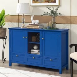 44.9 in. Blue Rectangle Wood Console Table Sideboard for Living Room Dining Room With 2 Doors, 3 Drawers by GODEER