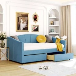 Blue Upholstered Daybed Twin Size with 2-Drawers and Wood Slat Suppot by GODEER
