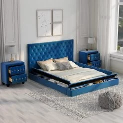 80 in. W Blue Full Size Upholstery Low Profile Storage Platform Bed with Two Upholstery Nightstands by GODEER