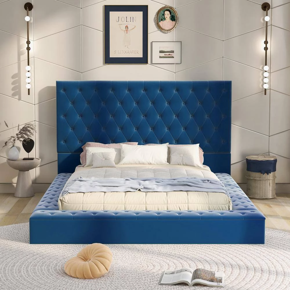 80 in. W Blue Full Size Upholstery Platform Bed with Storage Space on both Sides and Footboard by GODEER - Image 12