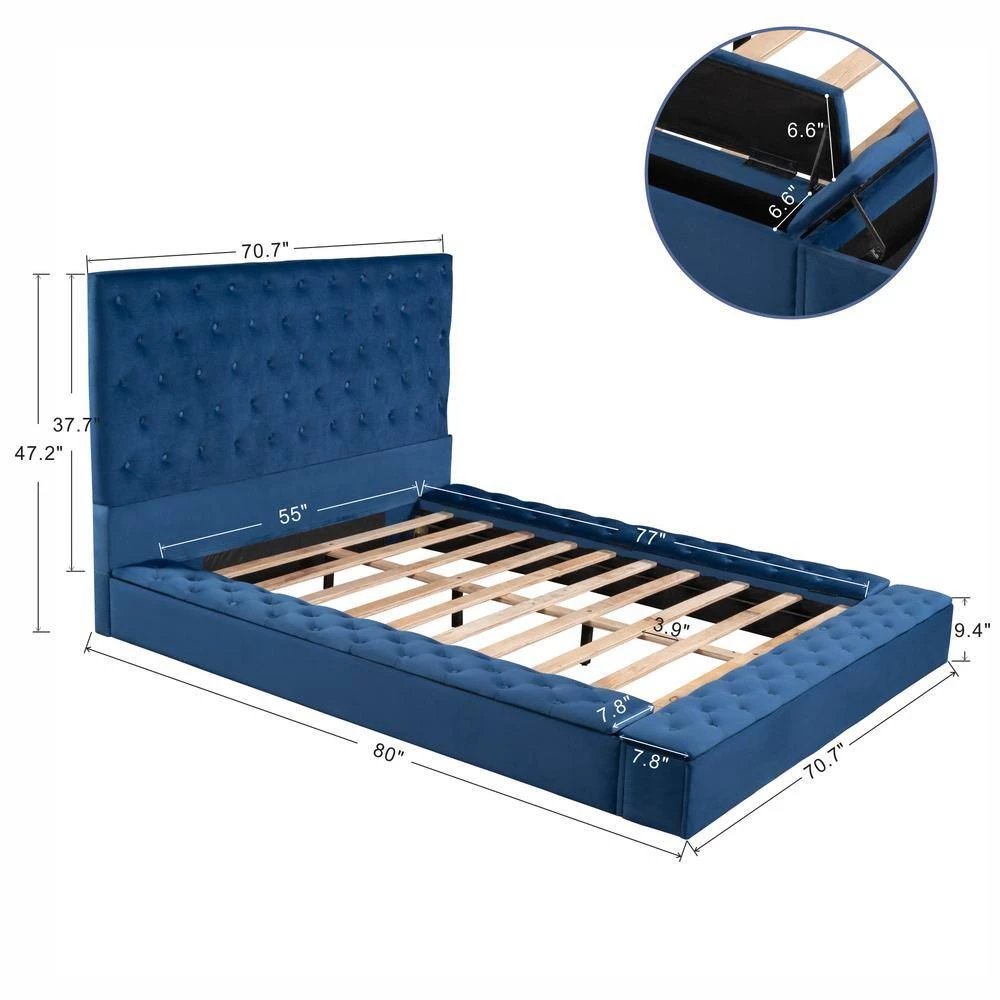 80 in. W Blue Full Size Upholstery Platform Bed with Storage Space on both Sides and Footboard by GODEER - Image 5