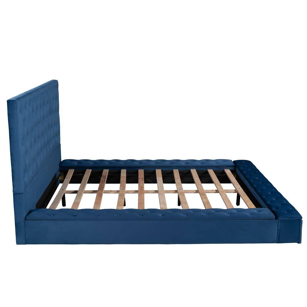 80 in. W Blue Full Size Upholstery Platform Bed with Storage Space on both Sides and Footboard by GODEER - Image 4