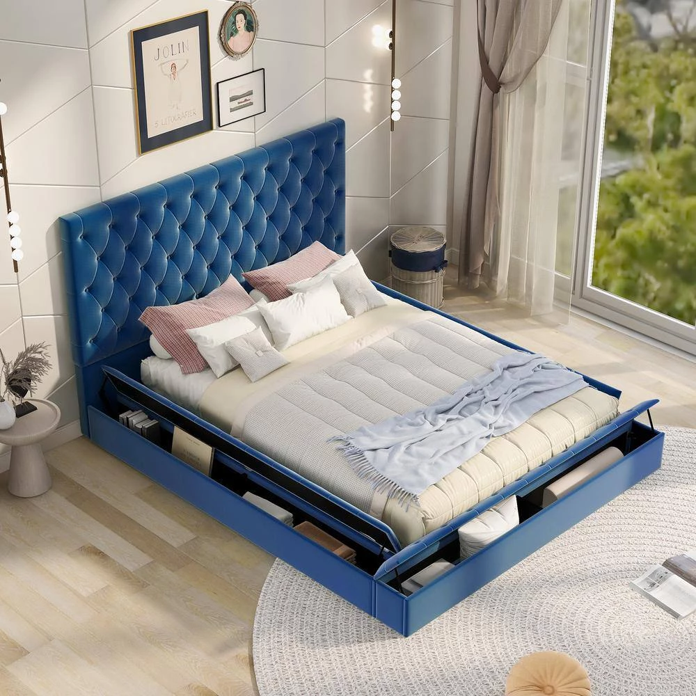 80 in. W Blue Full Size Upholstery Platform Bed with Storage Space on both Sides and Footboard by GODEER - Image 2