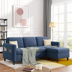 83 in. W 2-Piece Linen Reversible Sectional Sofa with Handy Side Pocket, Living Room L-Shape 3-Seater Couch in Blue by GODEER