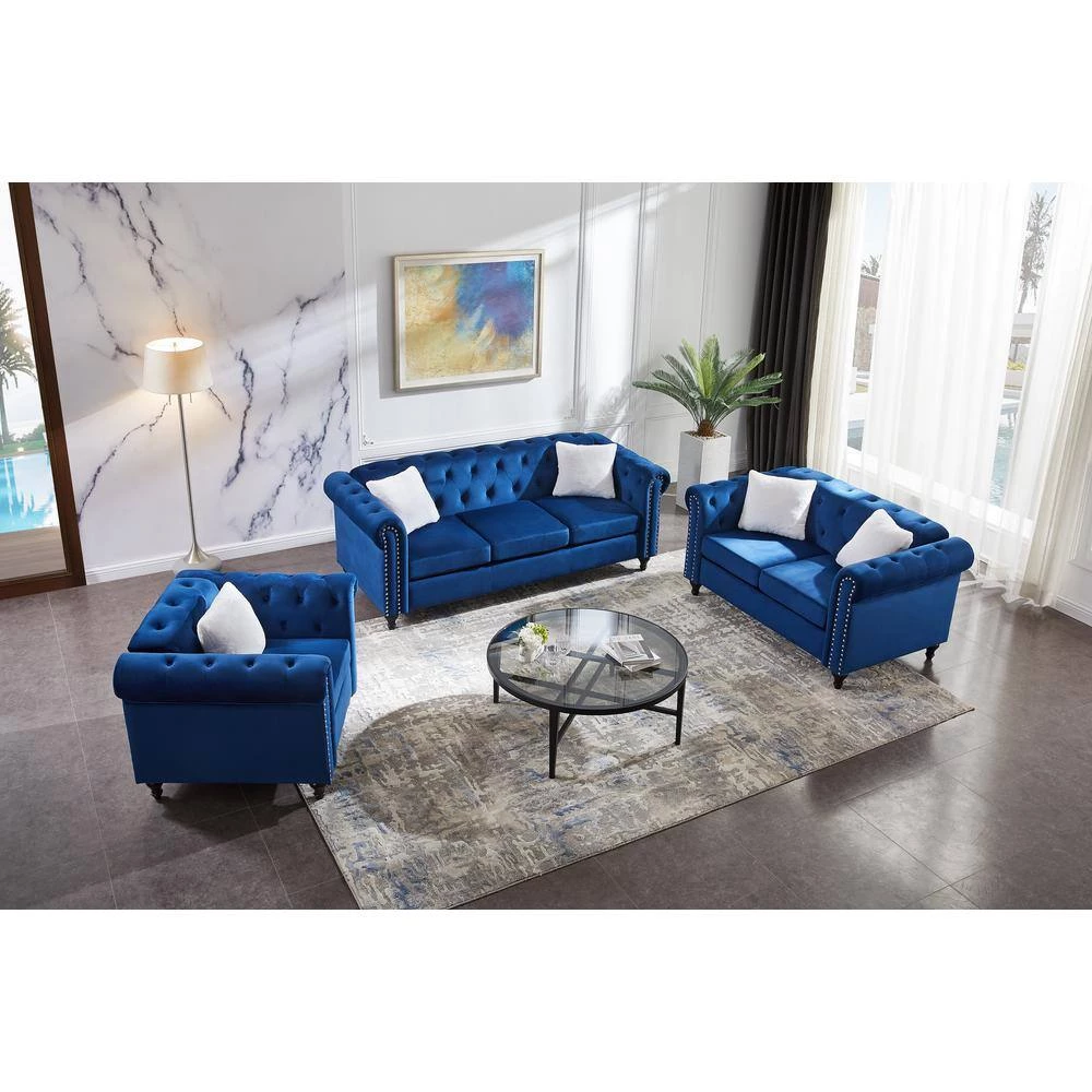 82.5 in. W Rolled Arm Velvet Straight Living Room Sofa Set, with Five White Villose Pillows in Blue by GODEER - Image 14