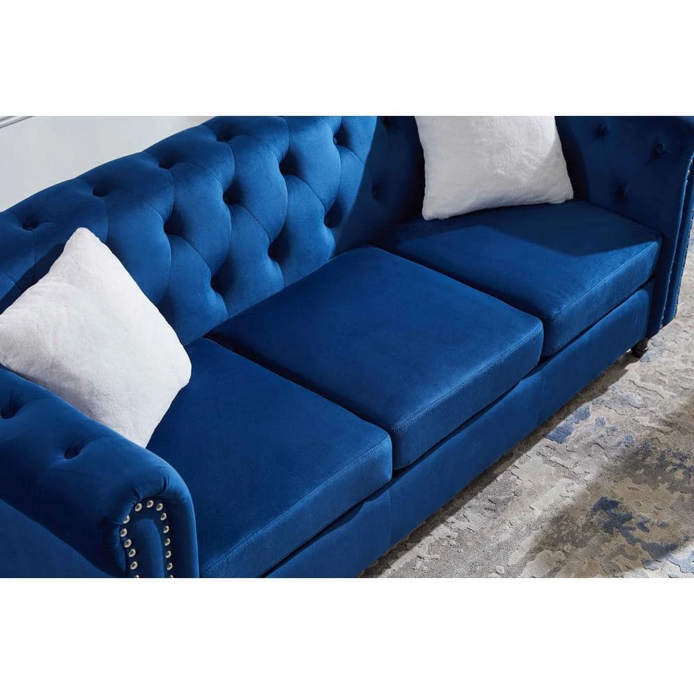 82.5 in. W Rolled Arm Velvet Straight Living Room Sofa Set, with Five White Villose Pillows in Blue by GODEER - Image 11