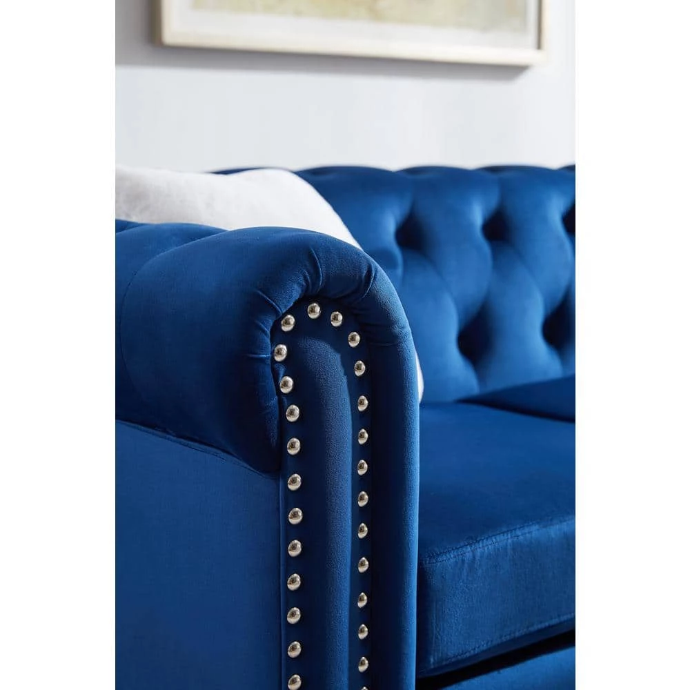 82.5 in. W Rolled Arm Velvet Straight Living Room Sofa Set, with Five White Villose Pillows in Blue by GODEER - Image 9