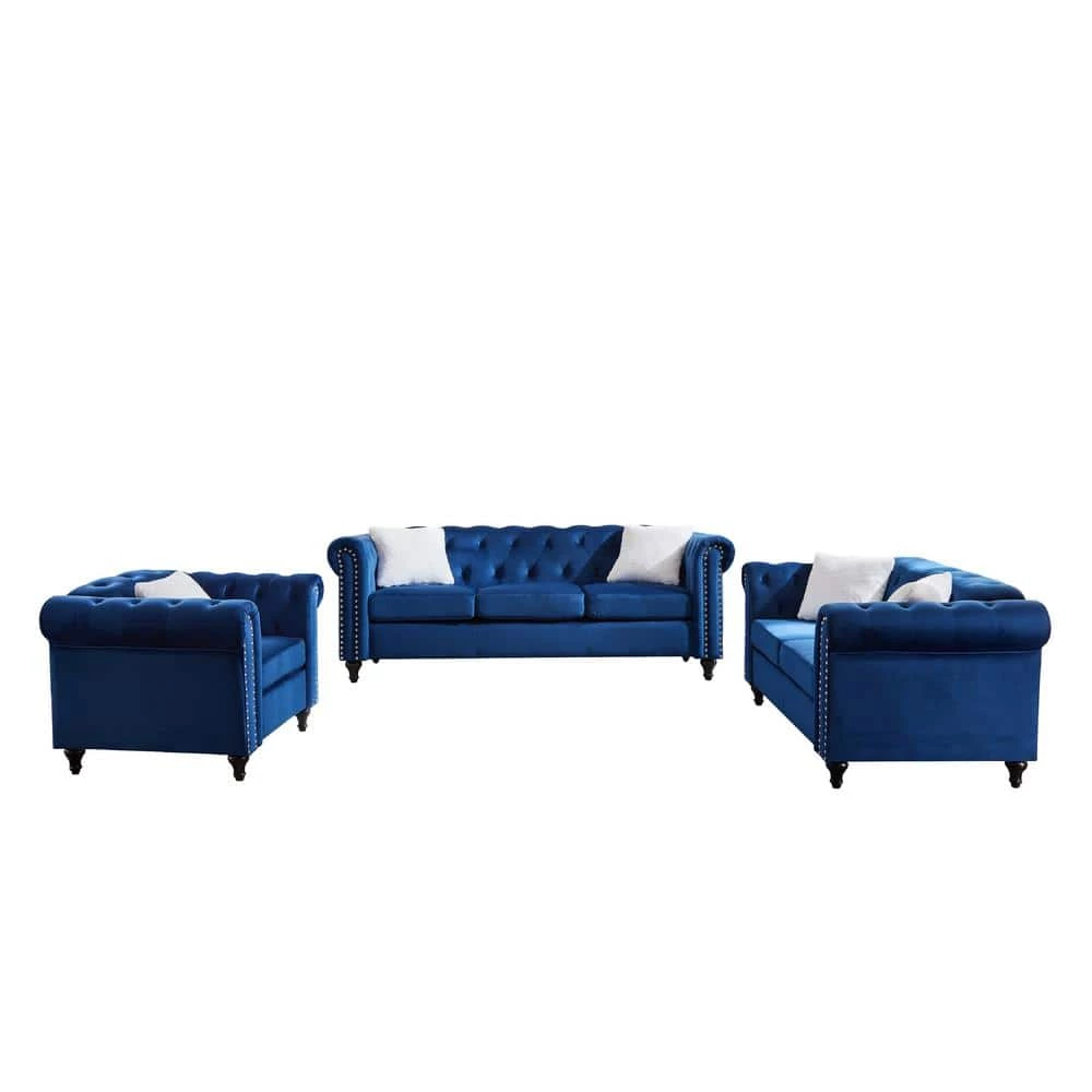 82.5 in. W Rolled Arm Velvet Straight Living Room Sofa Set, with Five White Villose Pillows in Blue by GODEER - Image 7