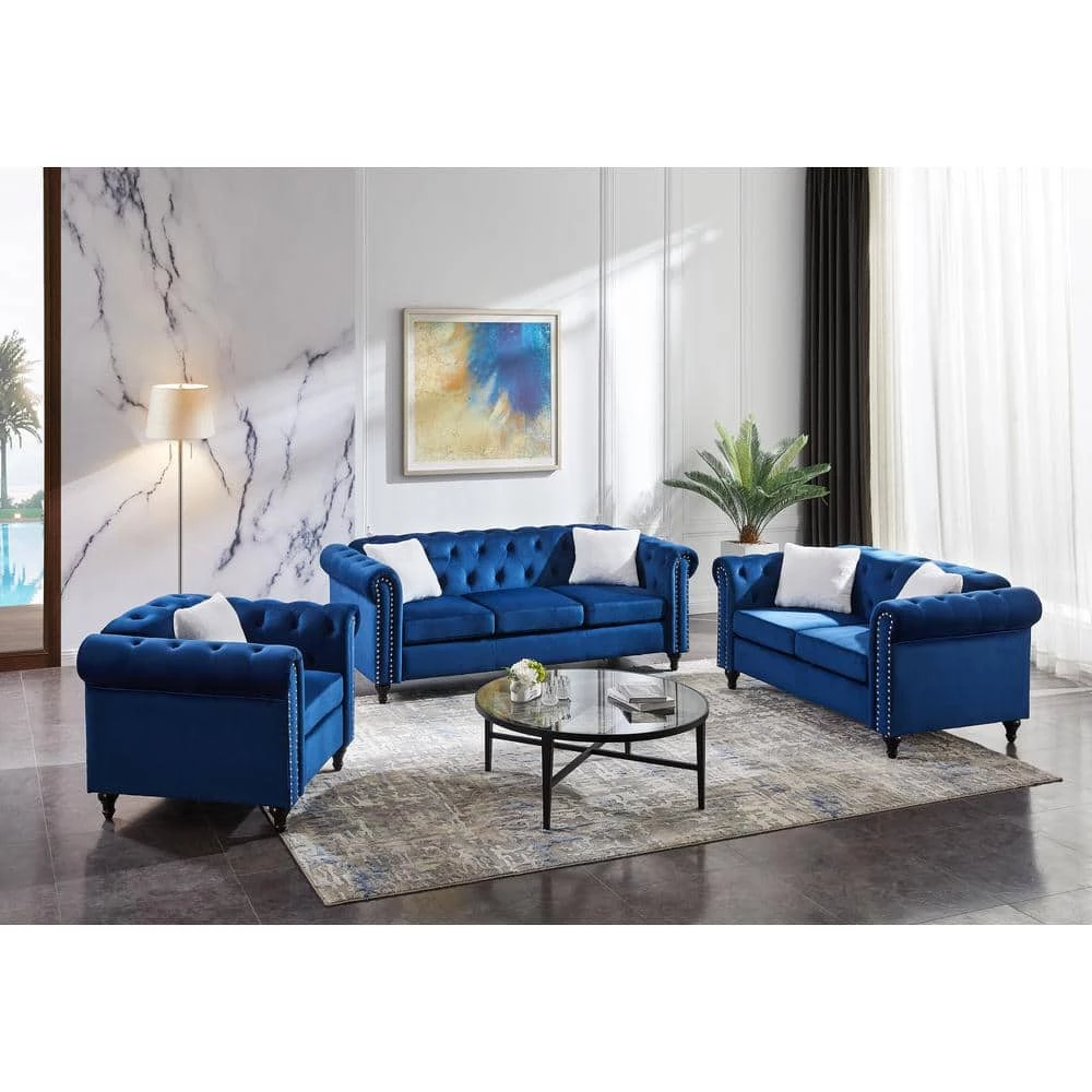 82.5 in. W Rolled Arm Velvet Straight Living Room Sofa Set, with Five White Villose Pillows in Blue by GODEER - Image 2